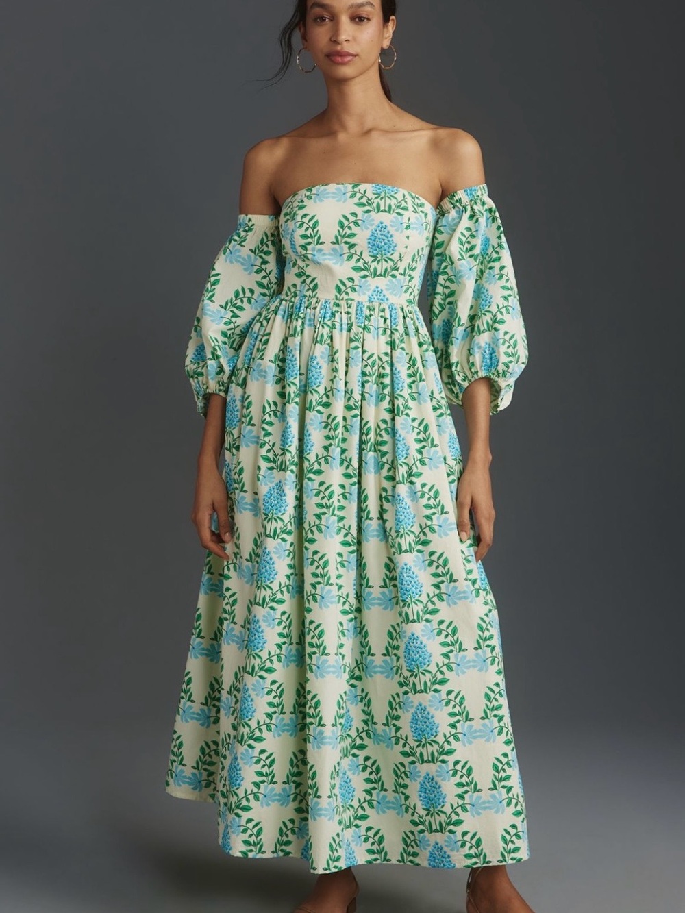 Anthropologie One-Shoulder Floral Maxi Dress in Cream, Blue & Green